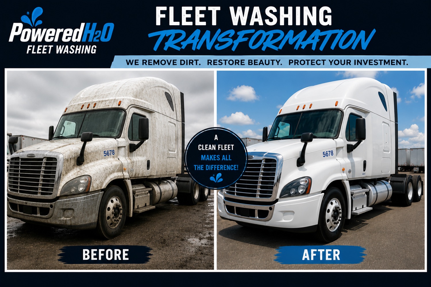 Powered H2O washing a commercial semi-truck fleet