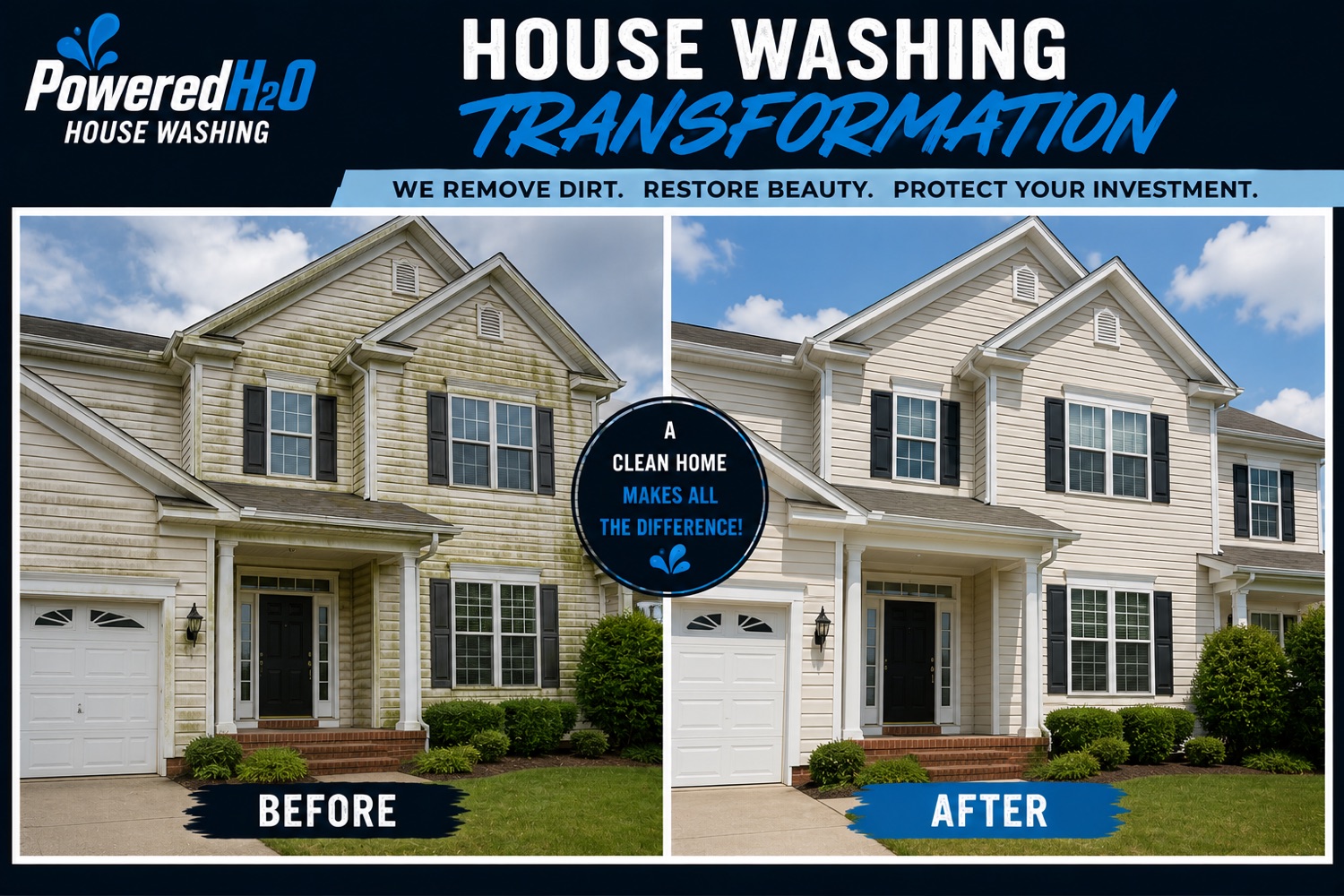 Powered H2O cleaning a driveway with professional equipment